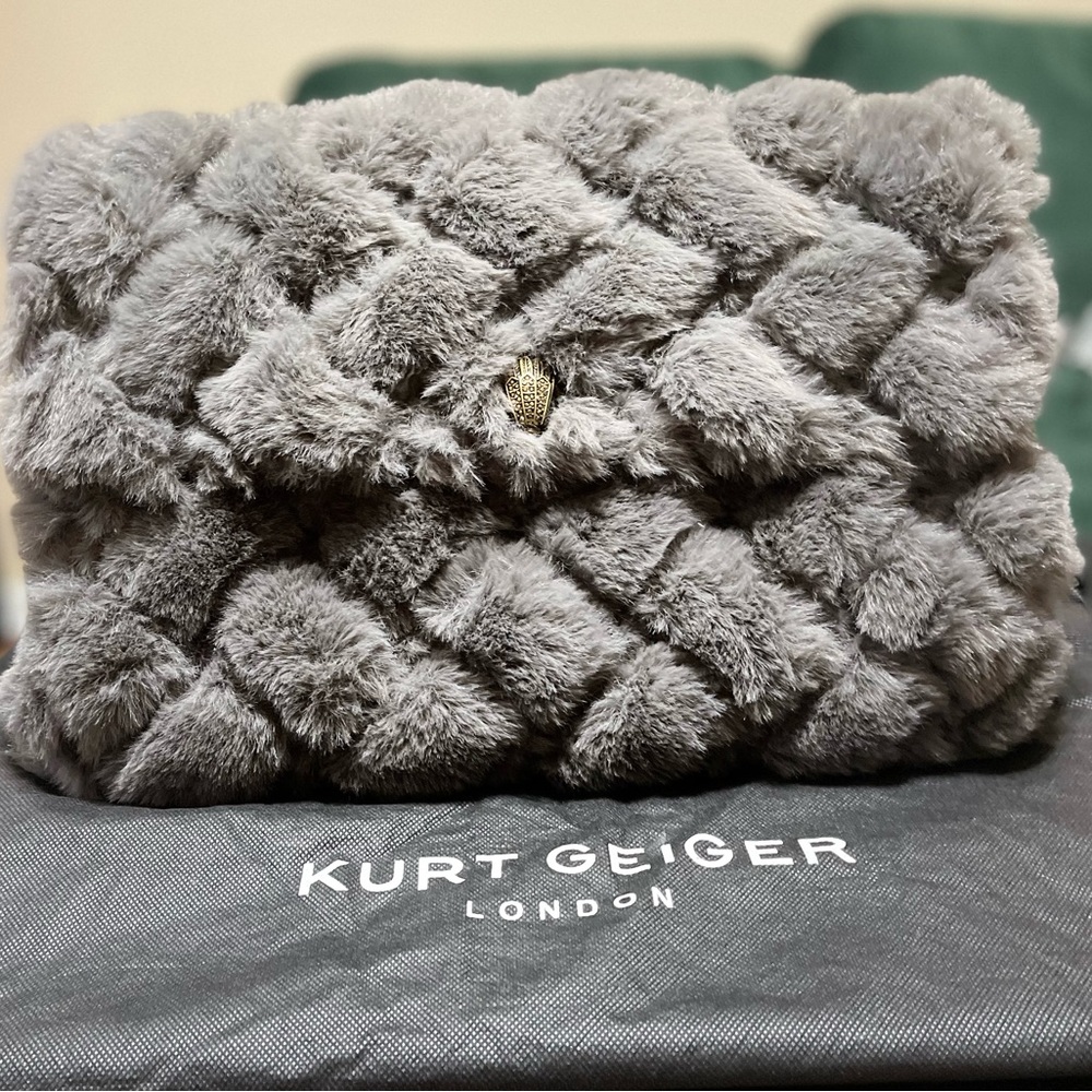 BRAND NEW Kurt Geiger Gray XXL Faux Fur Quilted Convertible Shoulder Bag Purse